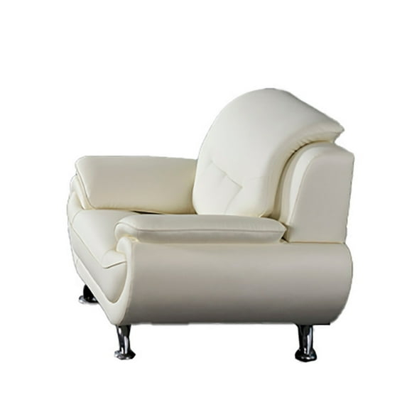 Benjara Olaf 50 Inch Sofa Chair, Tufted Ivory Faux Leather, Chrome Metal, Wood