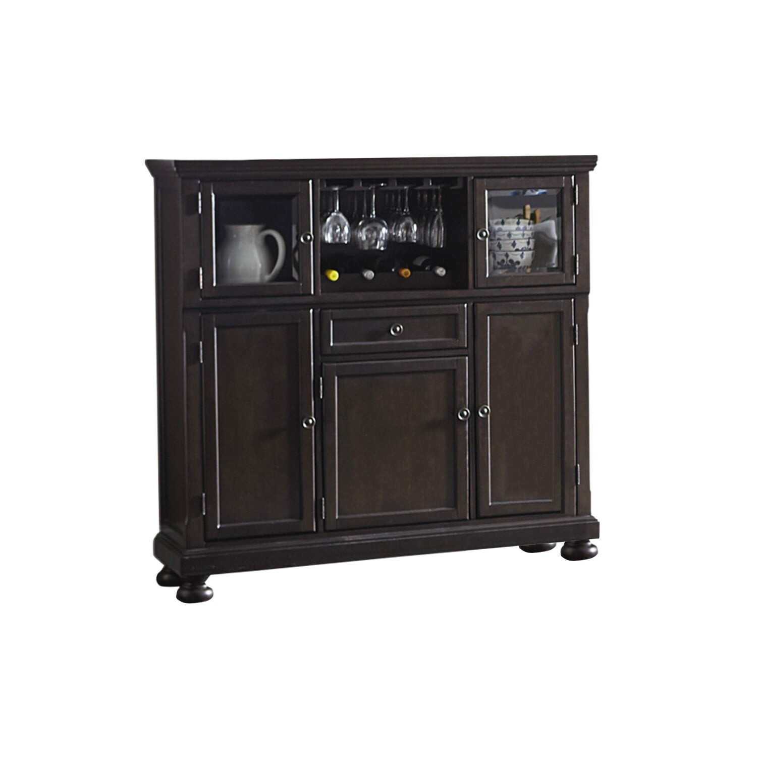 Benjara Cappi 54 Inch Curio Bar Cabinet, 2 Glass Doors, Single Drawer, Brown Wood