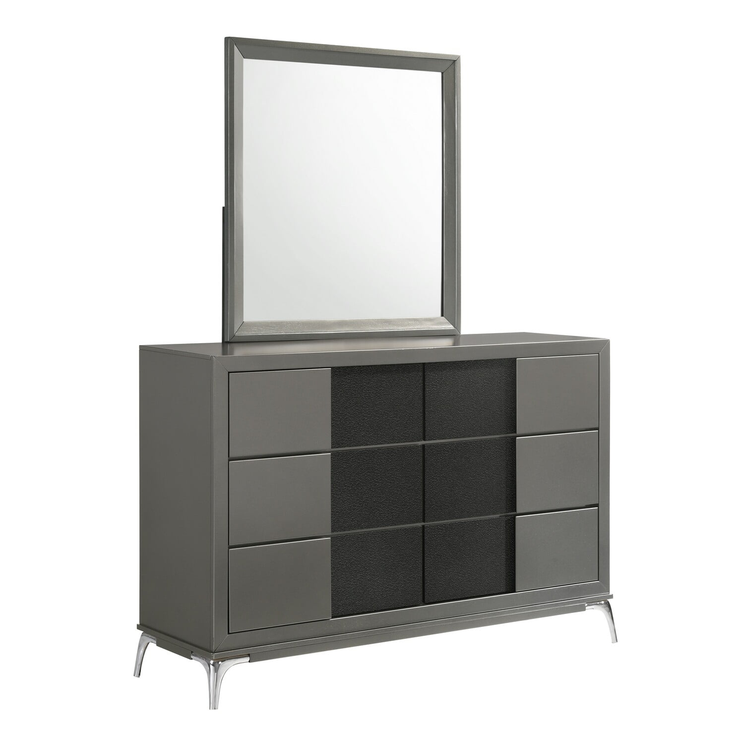 Benjara Rya 56 Inch Modern Wide Dresser with 6 Drawers, Gray Wood, Chrome