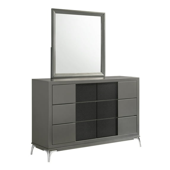 Benjara Rya 56 Inch Modern Wide Dresser with 6 Drawers, Gray Wood, Chrome