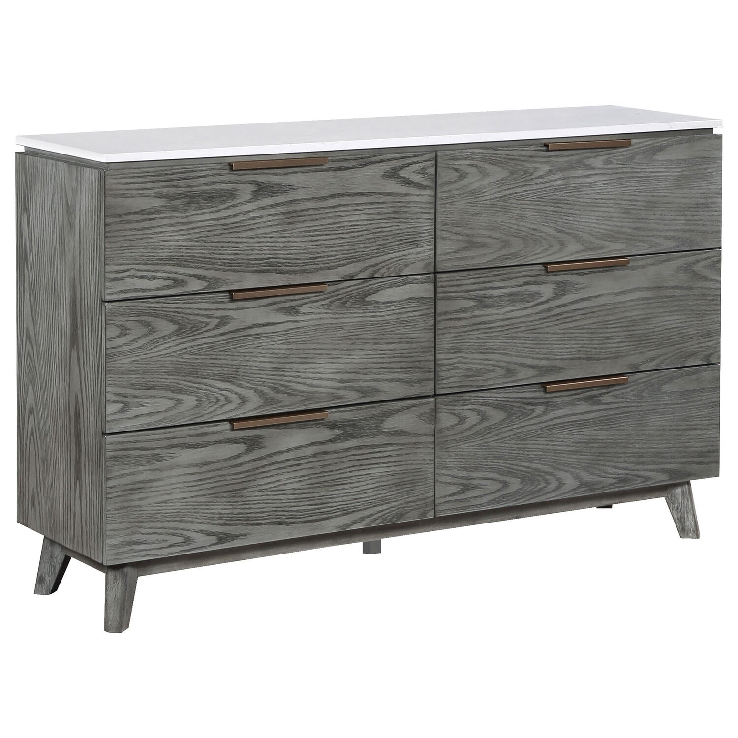 Tira 63 Inch Wide Dresser, 6 Drawers with Handles, White Marble Top, Gray