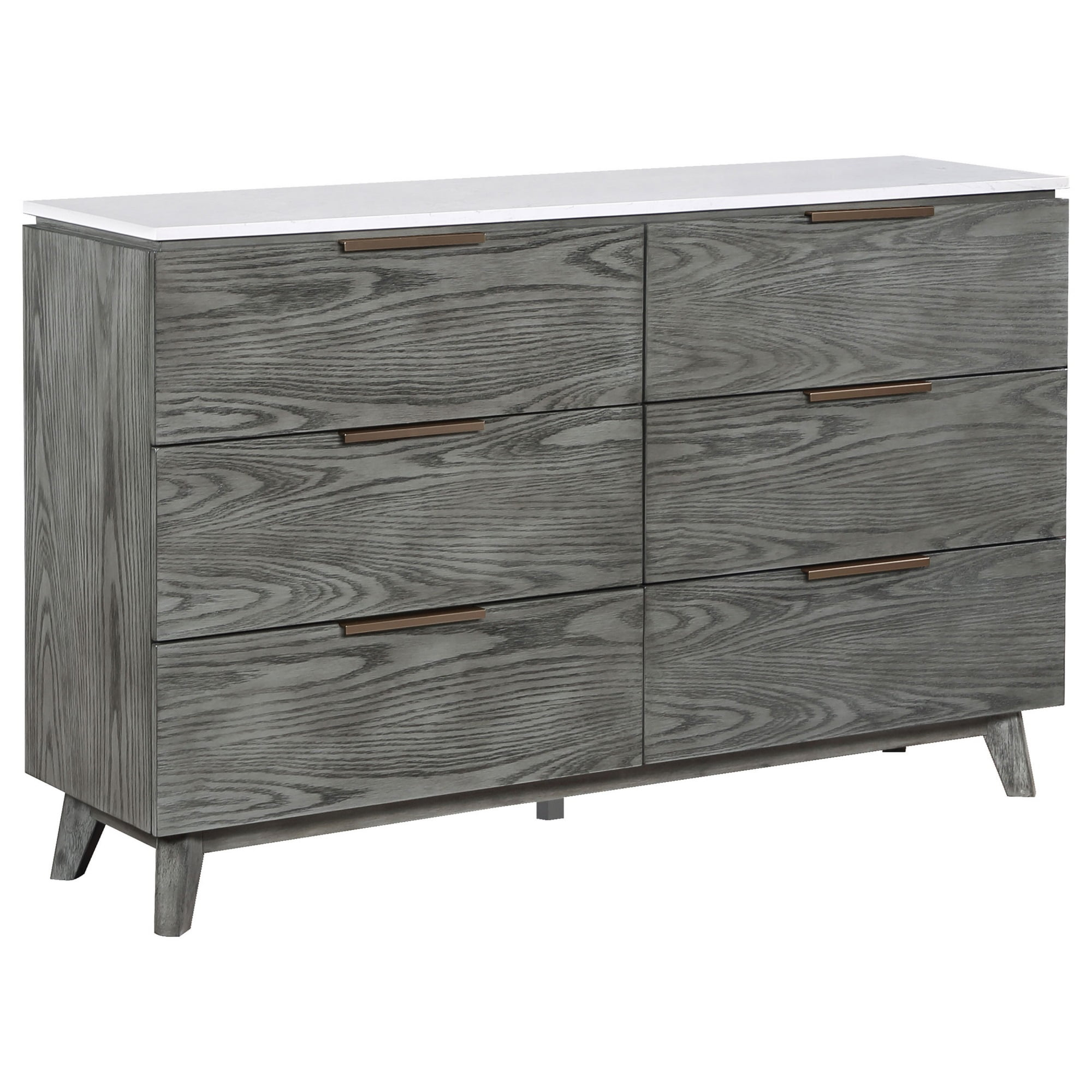 Tira 63 Inch Wide Dresser, 6 Drawers with Handles, White Marble Top, Gray