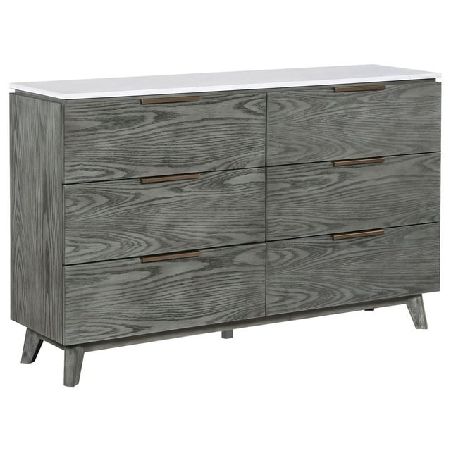 Tira 63 Inch Wide Dresser, 6 Drawers with Handles, White Marble Top, Gray