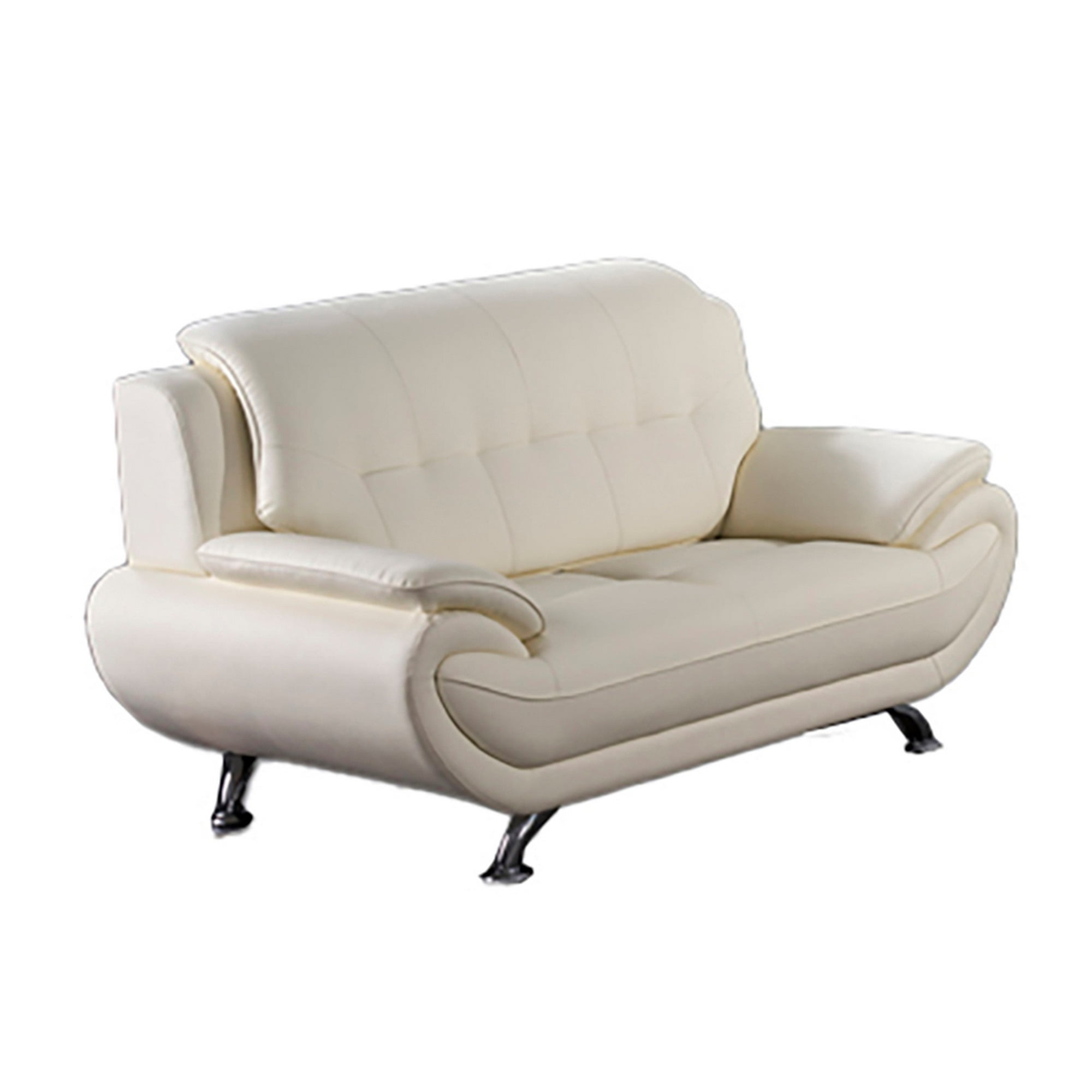 Benjara Olaf 69 Inch Loveseat, Tufted Ivory Faux Leather, Chrome Metal, Wood-Color:IvoryMaterial