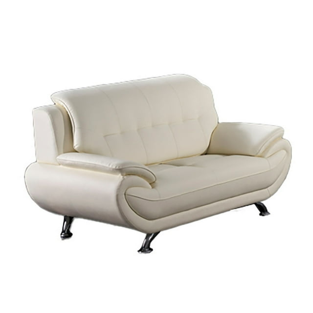 Benjara Olaf 69 Inch Loveseat, Tufted Ivory Faux Leather, Chrome Metal, Wood-Color:IvoryMaterial