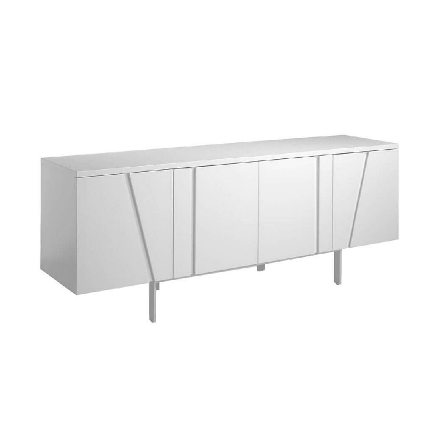 Benjara 75 Inch 4 Doors Modern Buffet Server, Geometric Front, Metal Legs, White