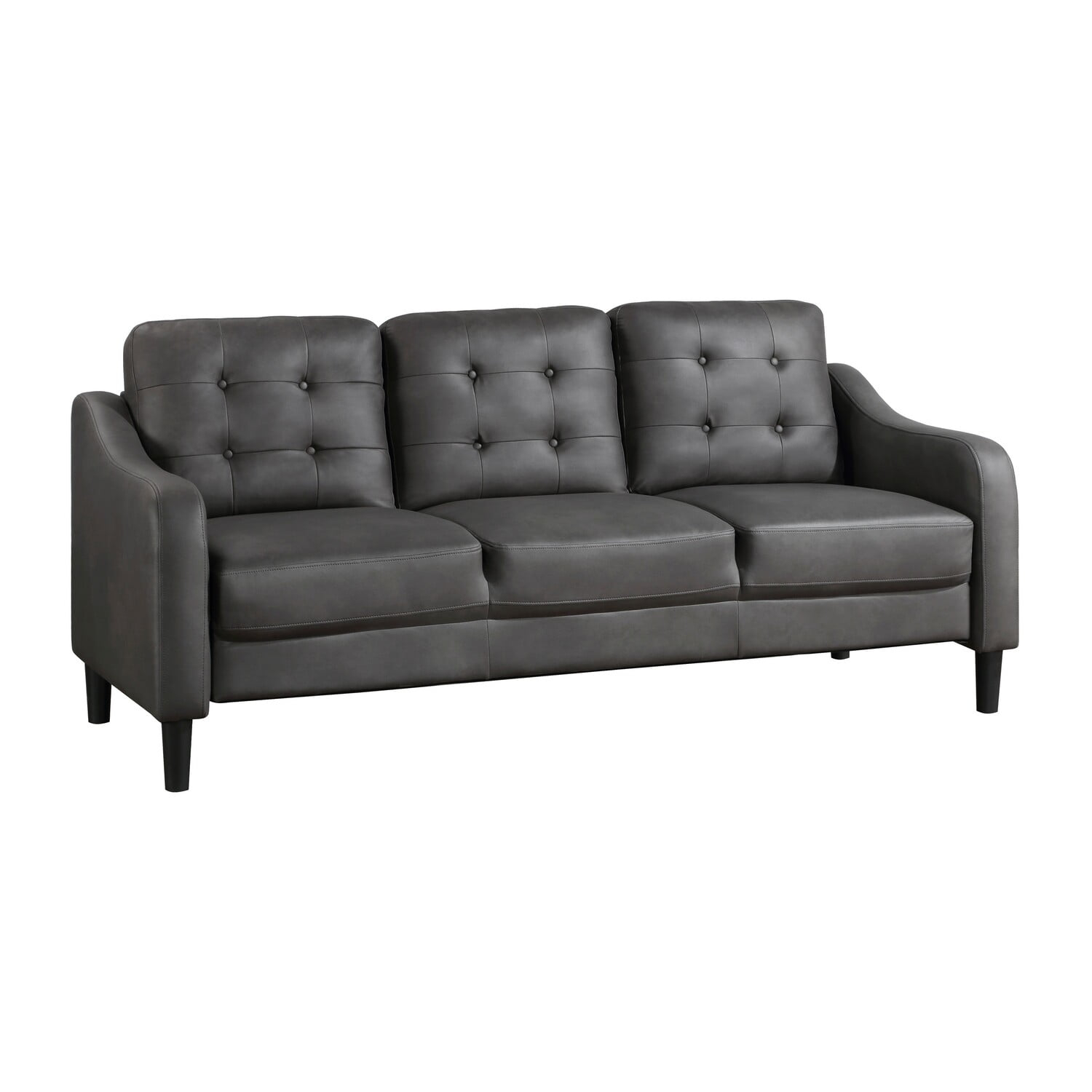 Benjara Orry 77 Inch Sofa, Button Tufted Back, Gray Microfiber, Black Solid Wood