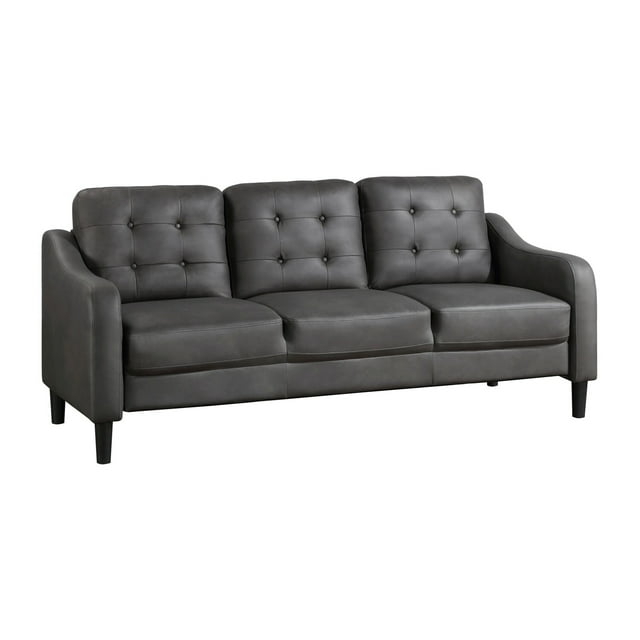 Benjara Orry 77 Inch Sofa, Button Tufted Back, Gray Microfiber, Black Solid Wood
