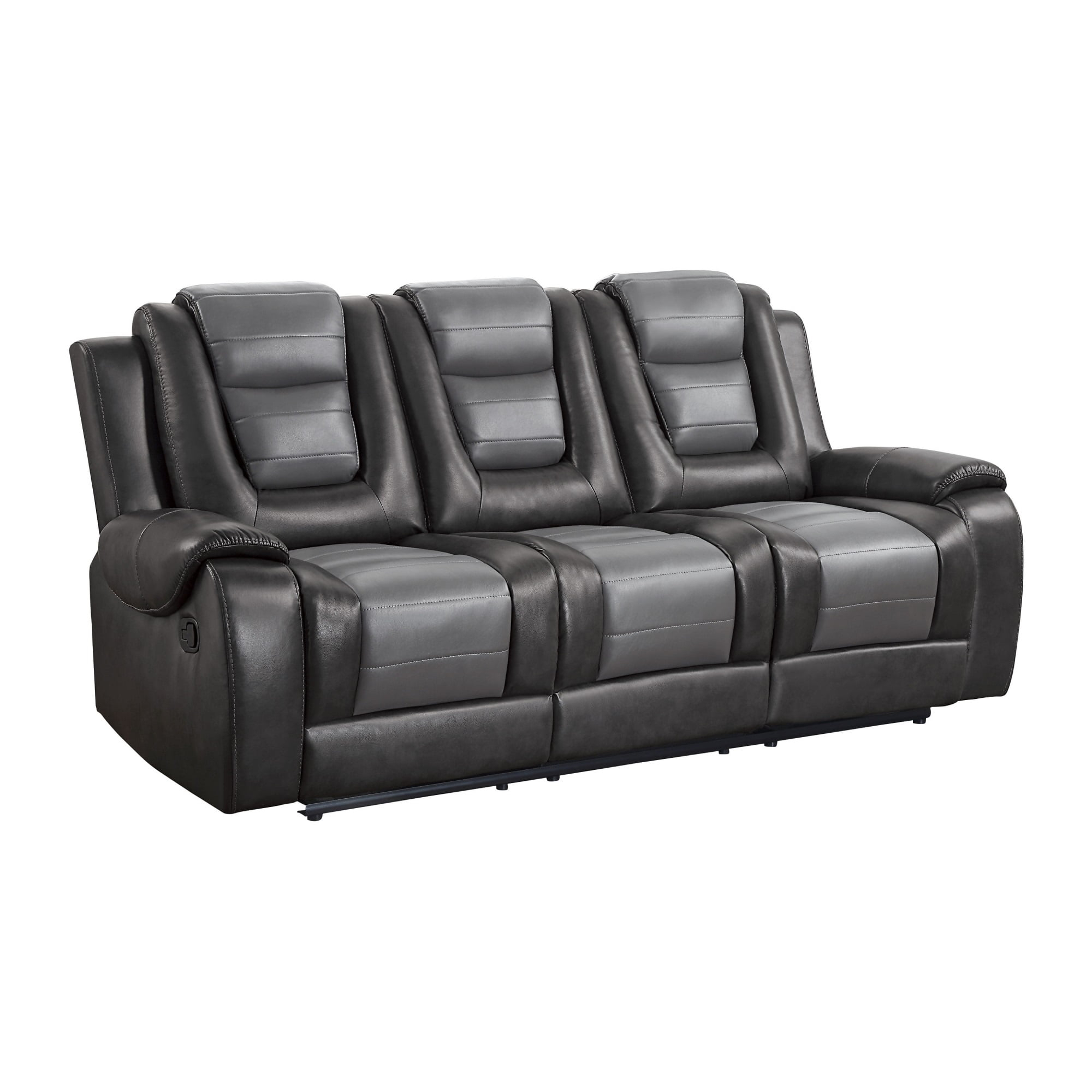 Istro 86 Inch Dual Manual Recliner Sofa, Drop Table, Gray Faux Leather