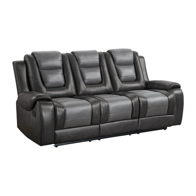 Istro 86 Inch Dual Manual Recliner Sofa, Drop Table, Gray Faux Leather
