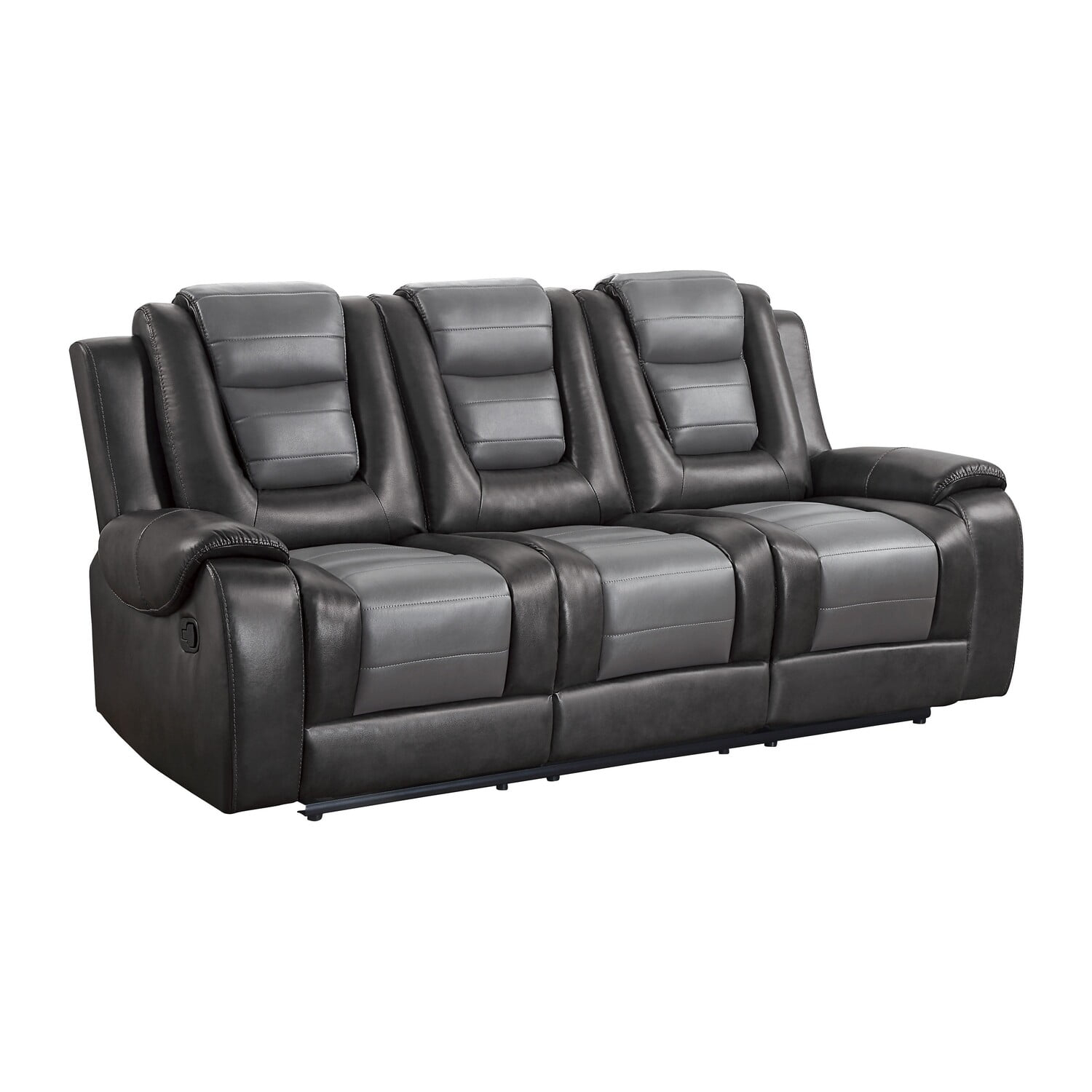Istro 86 Inch Dual Manual Recliner Sofa, Drop Table, Gray Faux Leather