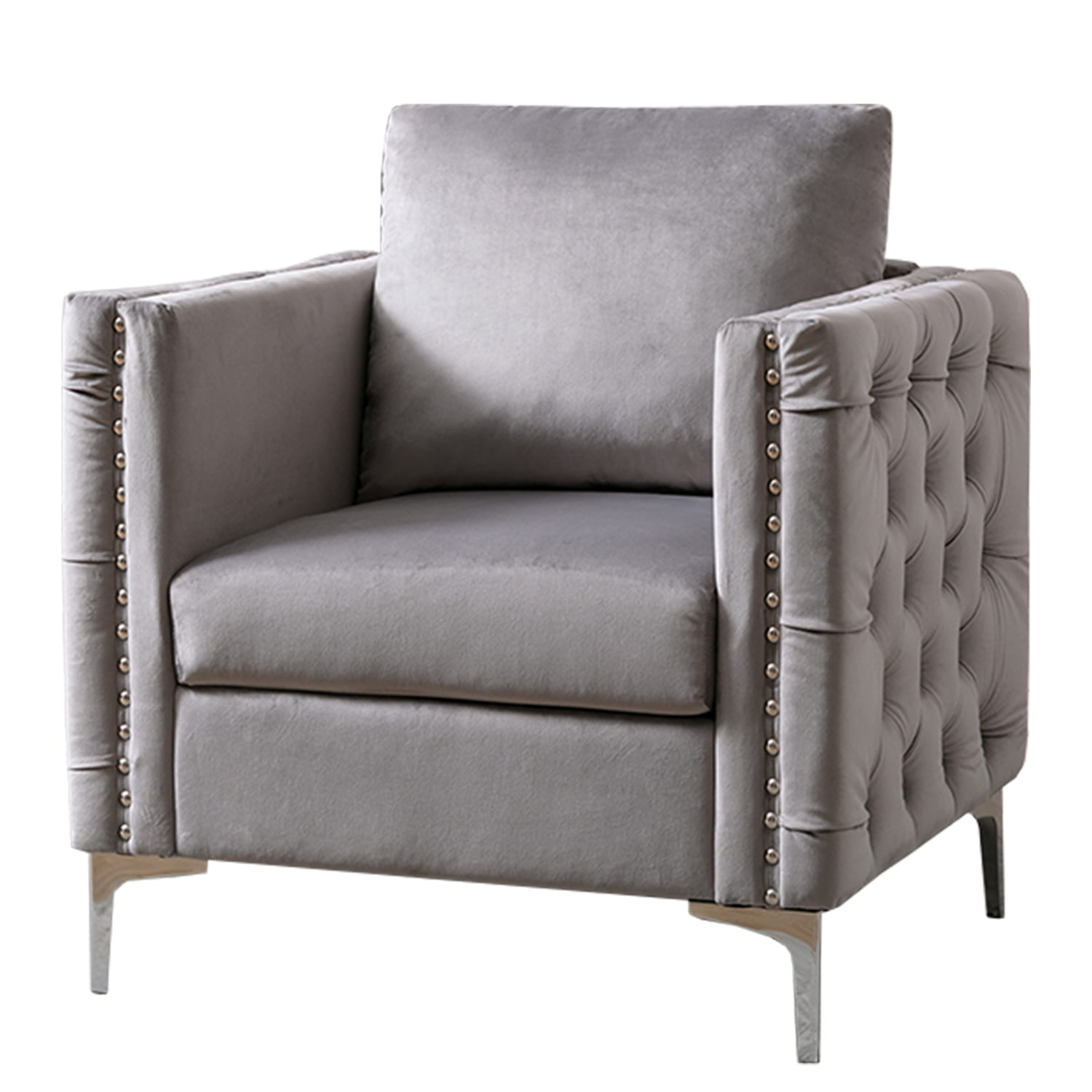 Accent Chair with Pillow Back and Button Tufted Design, Gray