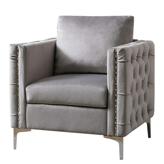 Accent Chair with Pillow Back and Button Tufted Design, Gray
