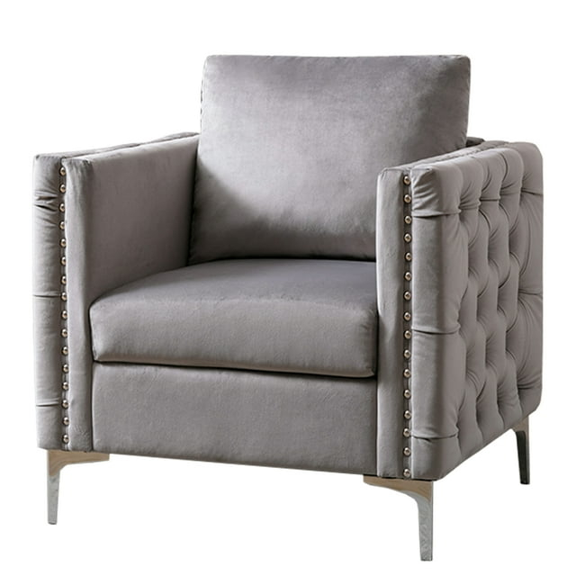 Accent Chair with Pillow Back and Button Tufted Design, Gray