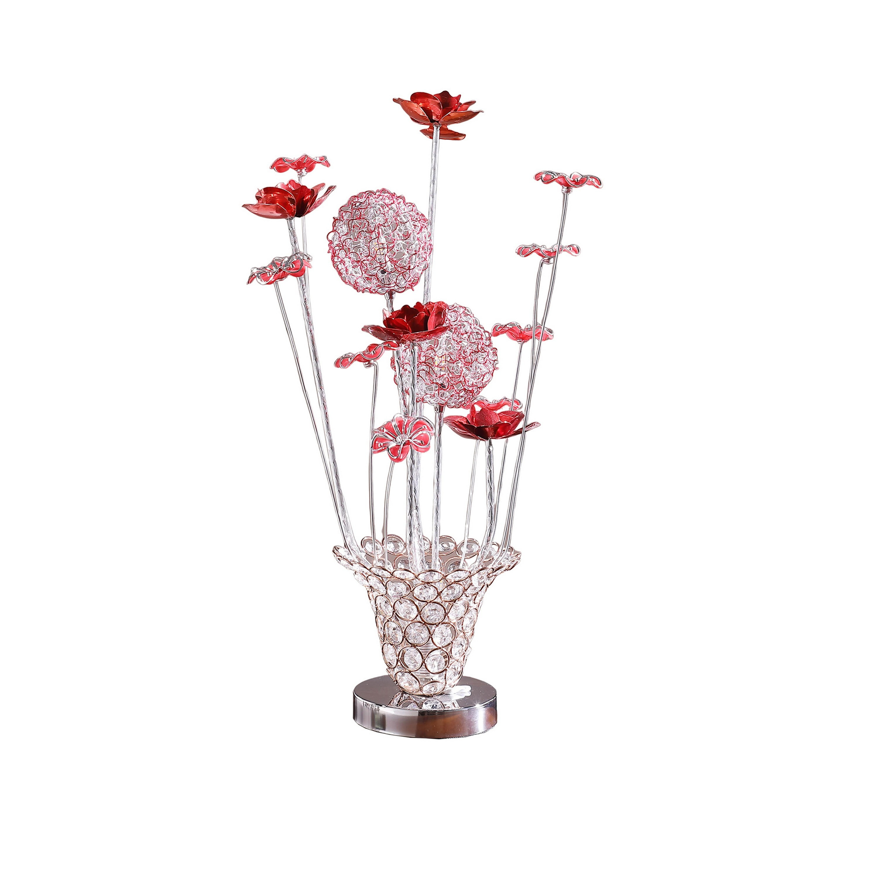 Accent Table Lamp, LED, Red Roses Trumpet Crystal Vase, Chrome 21 Inch