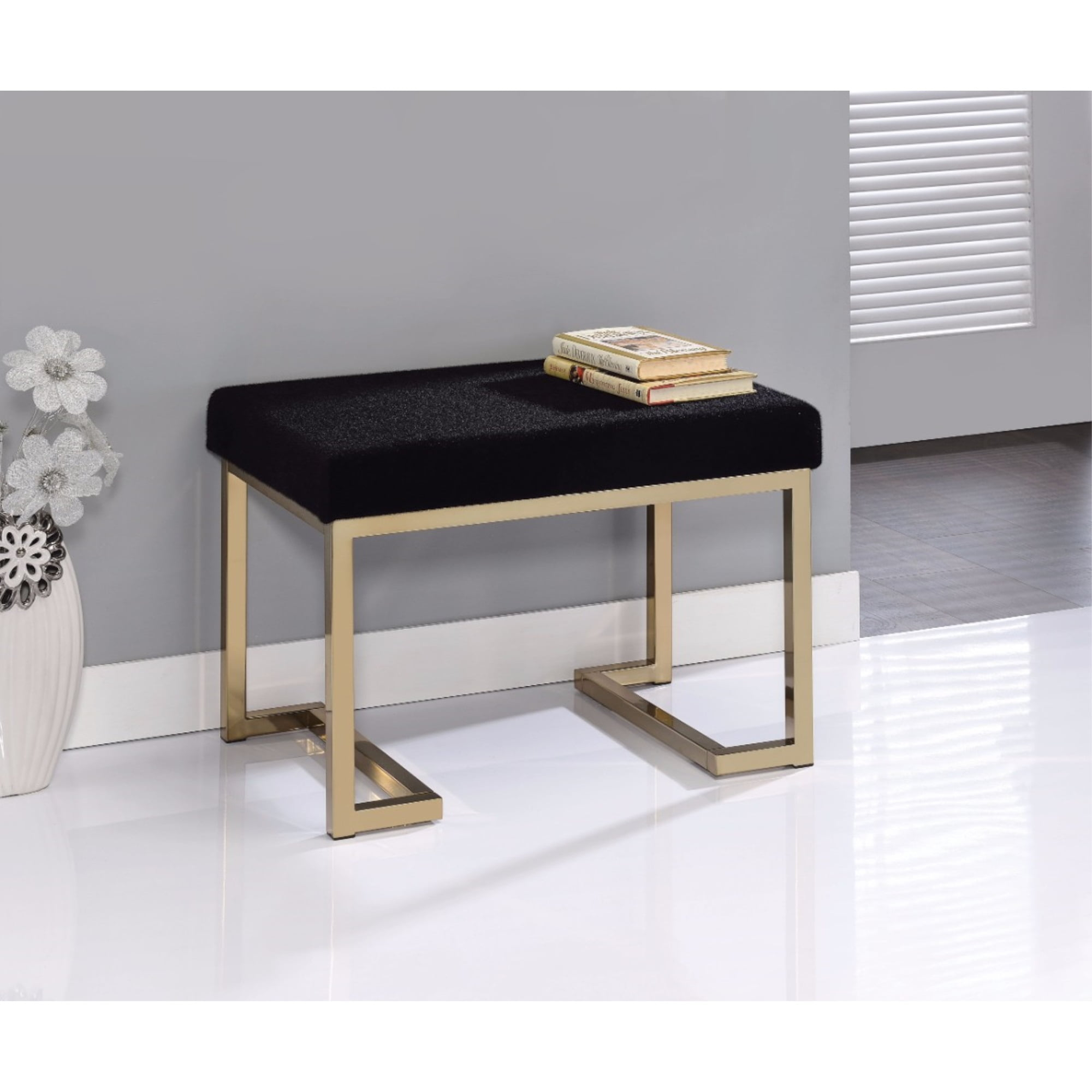 Benjara Astonishing Ottoman, Black Fabric & Gold