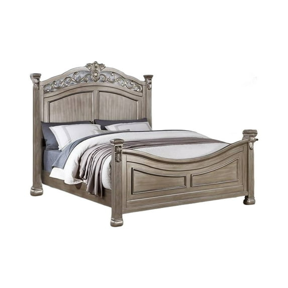 Benjara Aza Traditional Wood Queen Size Bed, Leaf Carvings, Champagne Gold Finish