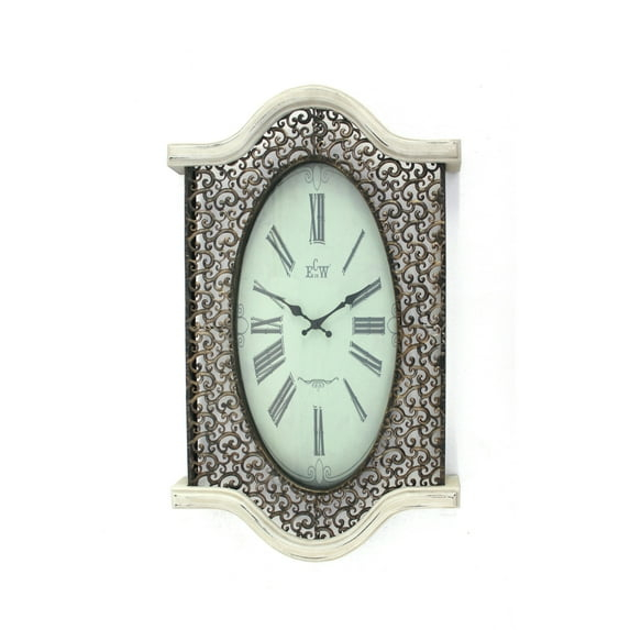 Wall Clock with Scalloped Wooden Top and Bottom, White- Saltoro Sherpi