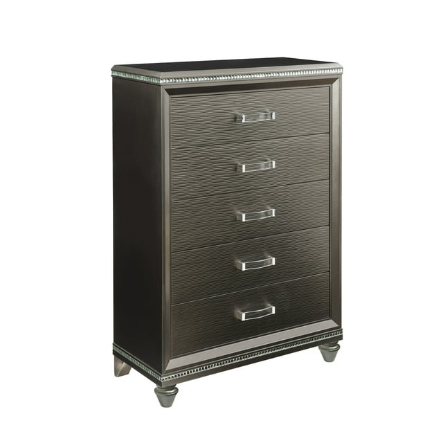 Benjara BM218517 Contemporary 5 Drawer Wooden Chest with Mirror Trim Details, Brown
