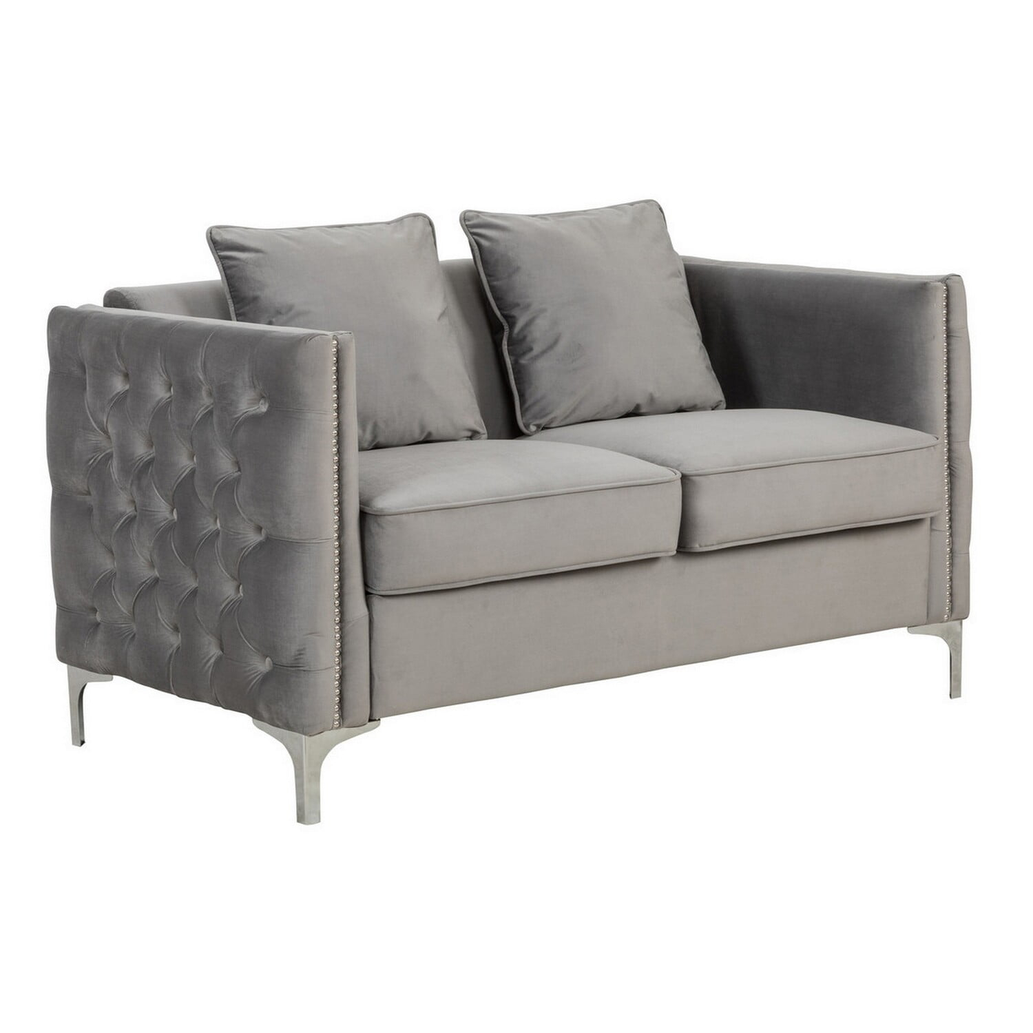 Benjara BM286570 53 in. Zion Accent Loveseat with Handmade Nailhead Trim, Tufted, Gray & Chrome