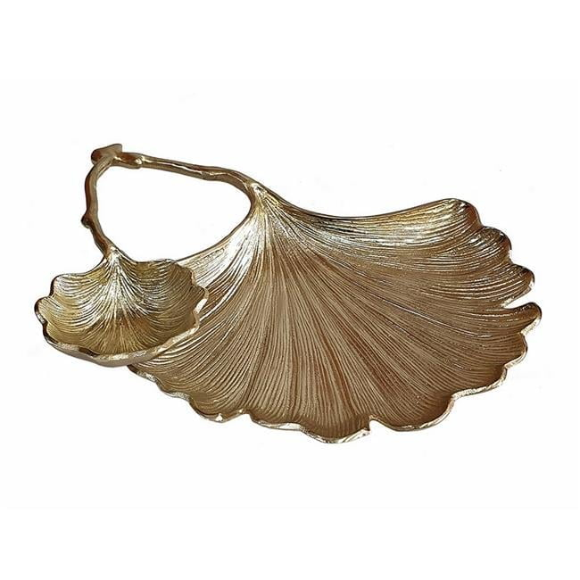 Benjara BM302611 14 in. Firm Aluminum & Textured Gold Finish Double Leaf Decorative Bowl