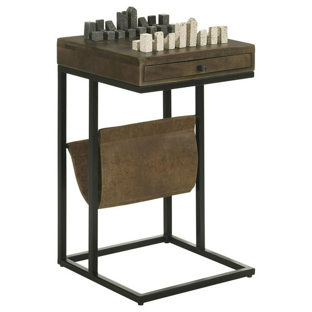27 Inch Chess Side Table- Drawer- Magazine Holder- Tobbaco Brown Mango Wood