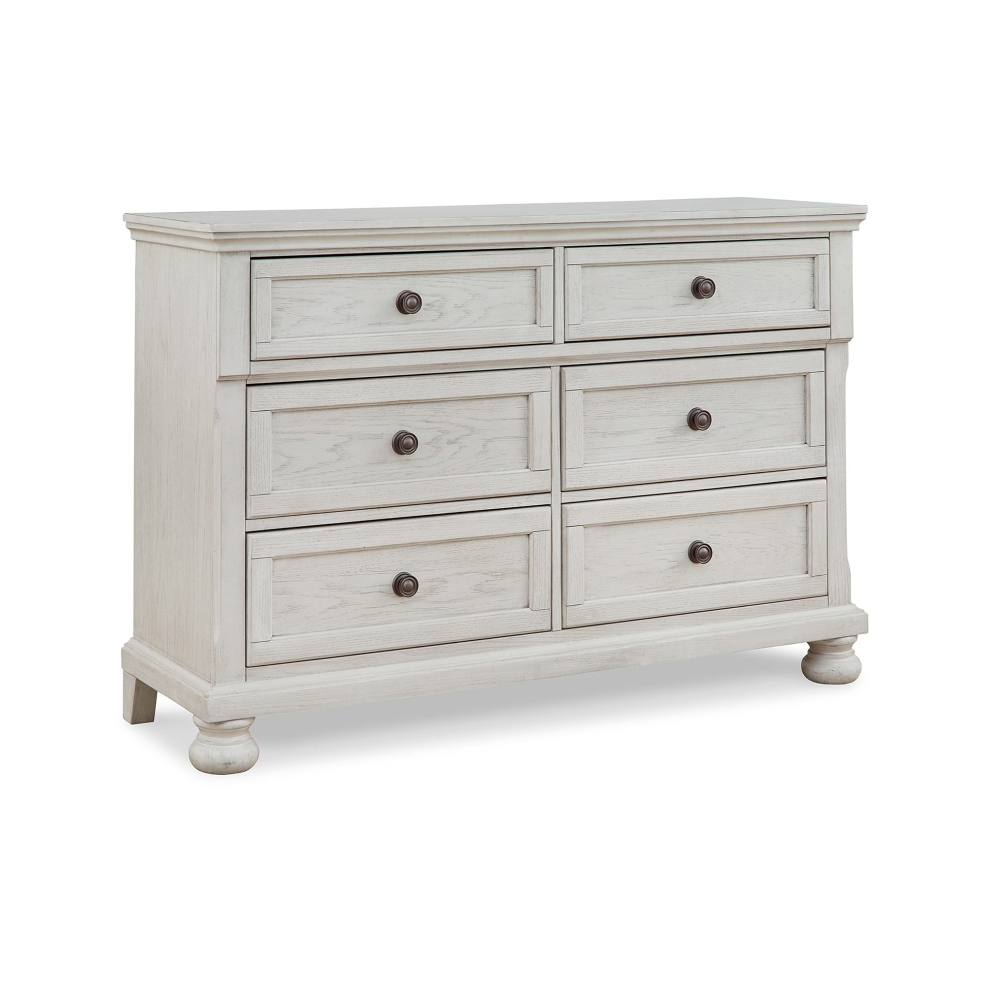 Lea 54 Inch Wide Dresser Chest, 6 Gliding Drawers, Wooden Bun Feet, White