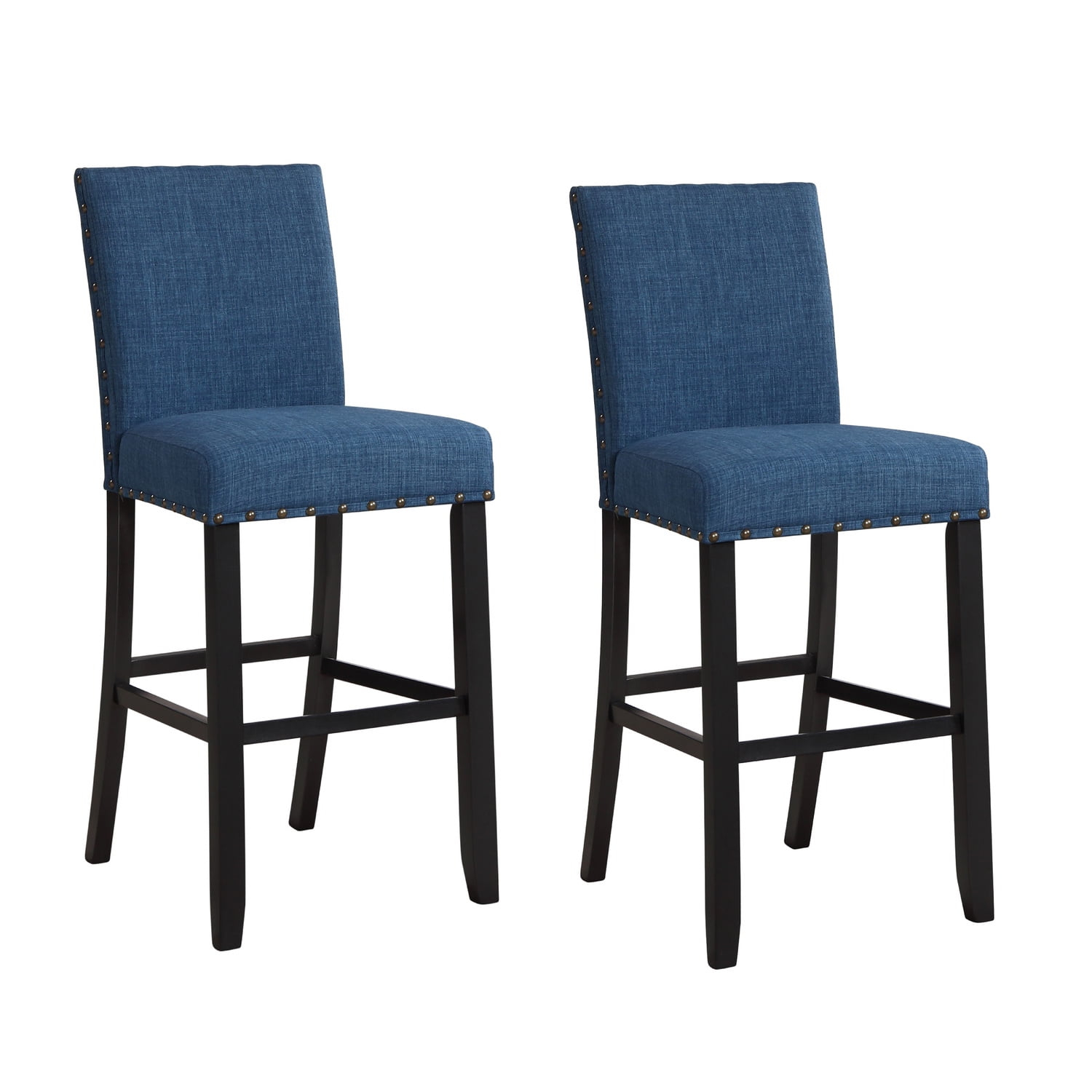 Bar Chair with Fabric Seat & Nailhead Trim, Blue - Set of 2