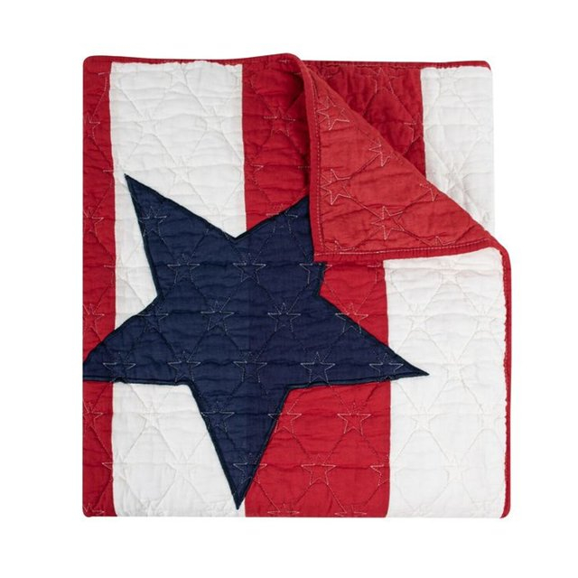Benjara Bary Throw Blanket with Blue Stars and Red Stripes, Reversible White Cotton