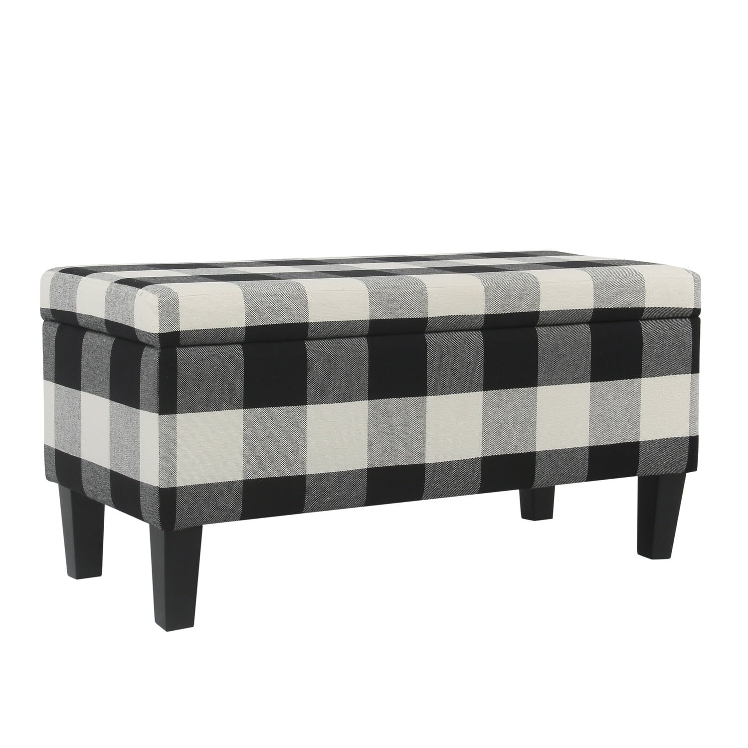 Benjara Checkered Pattern Fabric Upholstered Storage Bench With Tapered Wood Legs, Large, Black and White
