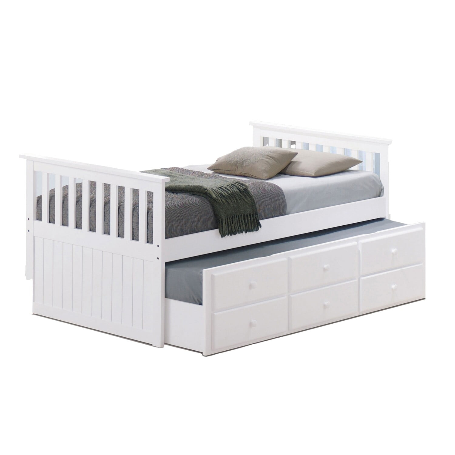 Benjara Clen Twin Captain Bed, Trundle with 3 Drawer Storage, White Solid Hardwood