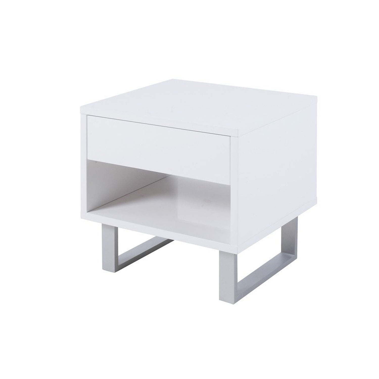 Contemporary Storage End Table With Metallic Base, Glossy White