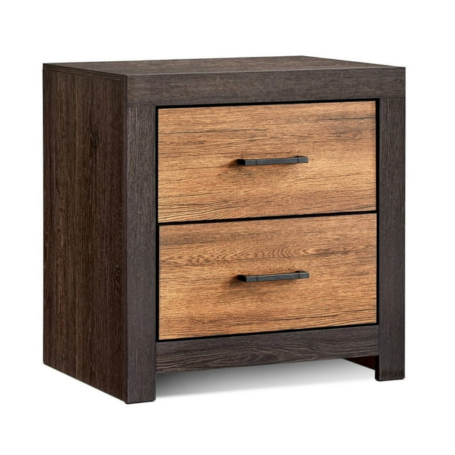 Benjara Dual Tone 2 Drawer Nightstand with Metal Bar Pulls, Brown