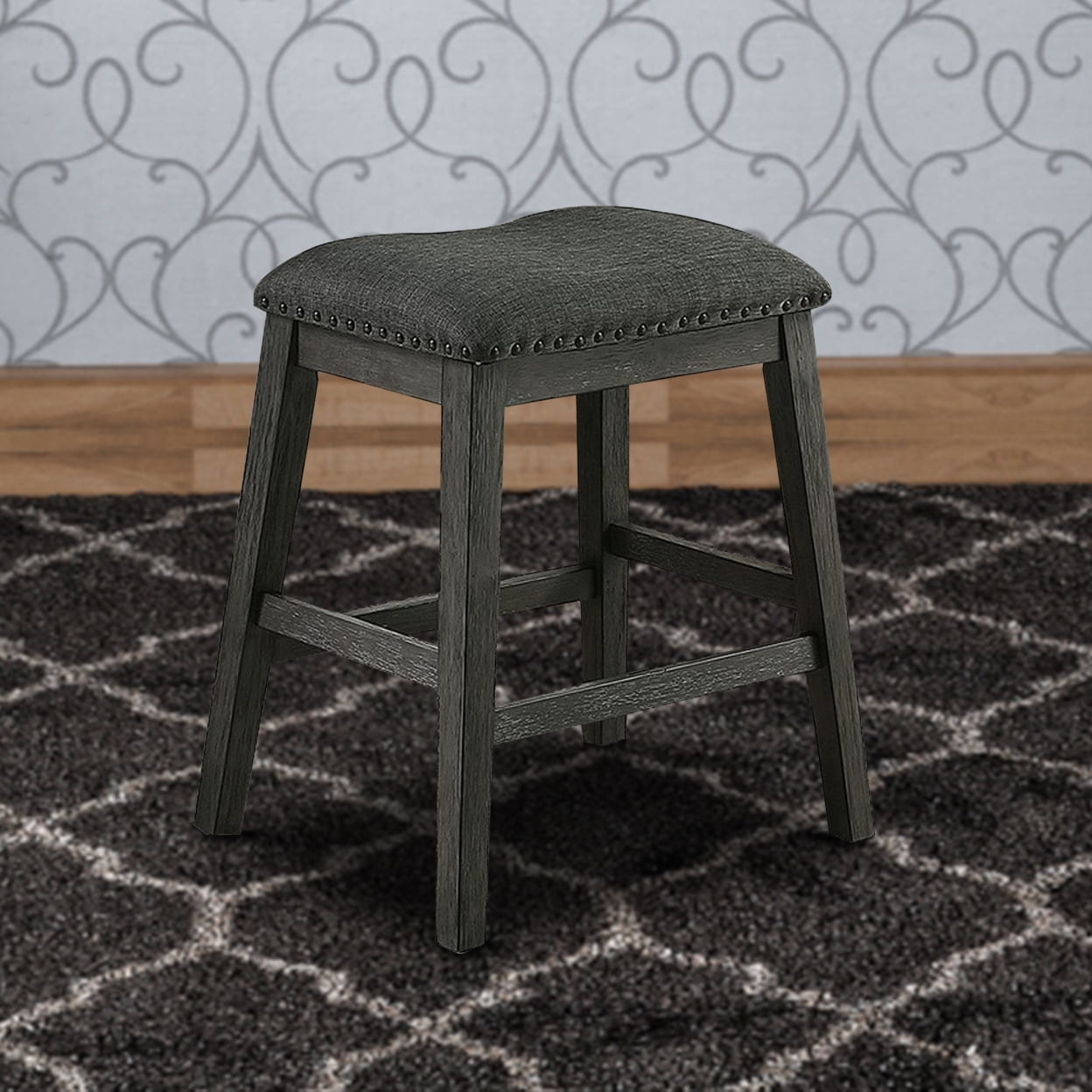 Fabric Saddle Counter Stool with Nailhead Trim, Grey - Set of 2