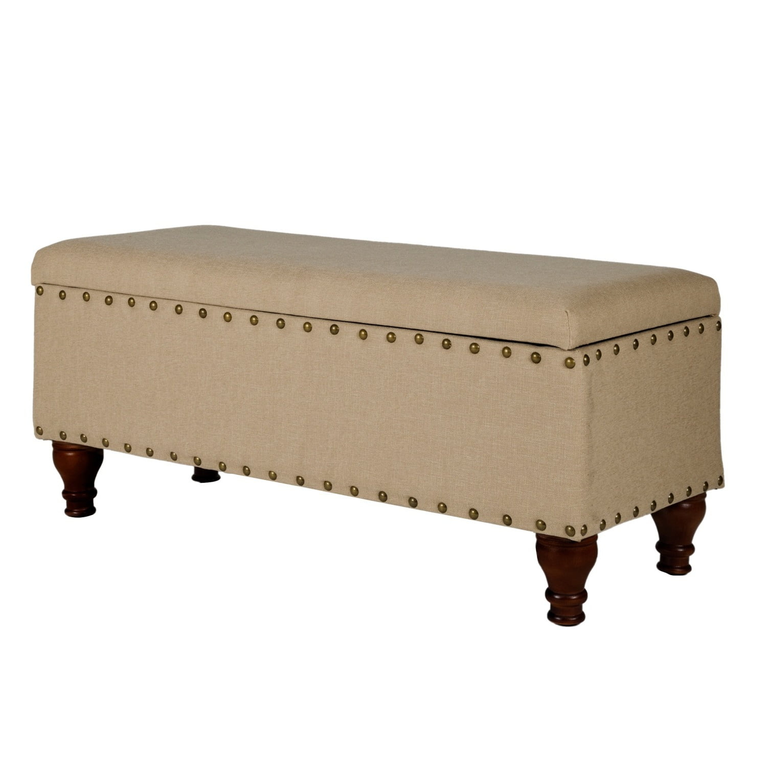 Benjara Fabric Upholstered Wooden Storage Bench With Nail head Trim, Large, Tan Brown