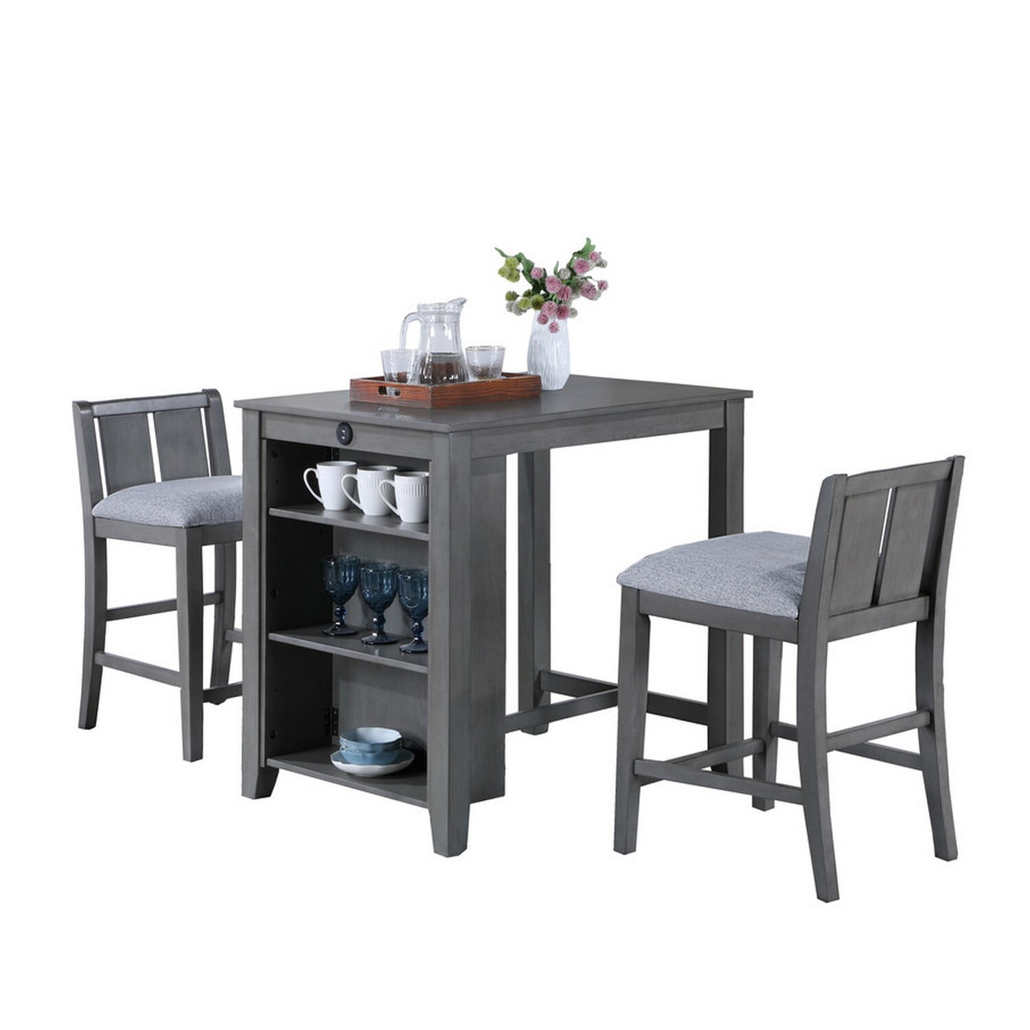 Benjara Ham 3 Piece Counter Height Compact Dining Table, Chair Set, Gray Wood
