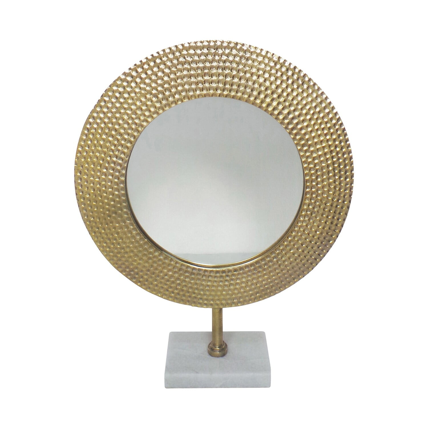 Benjara Hammered Metal Frame Round Standing Mirror with Block Base, Large, Gold