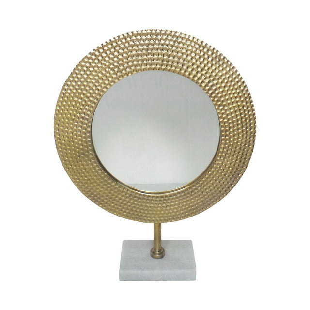 Benjara Hammered Metal Frame Round Standing Mirror with Block Base, Large, Gold