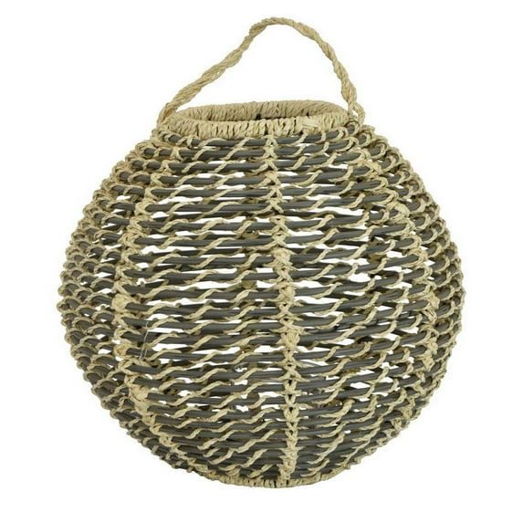 Hani 17 Inch Tabletop Decor Lantern, Beige Woven Fiber, Oval Shape, Gray