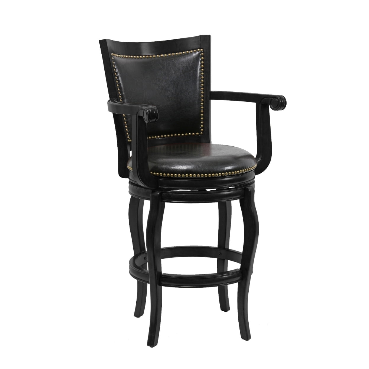 Benjara Hugo 29 Inch 360-Degree Swivel Barstool, Wood, Open Rolled Arms, Black