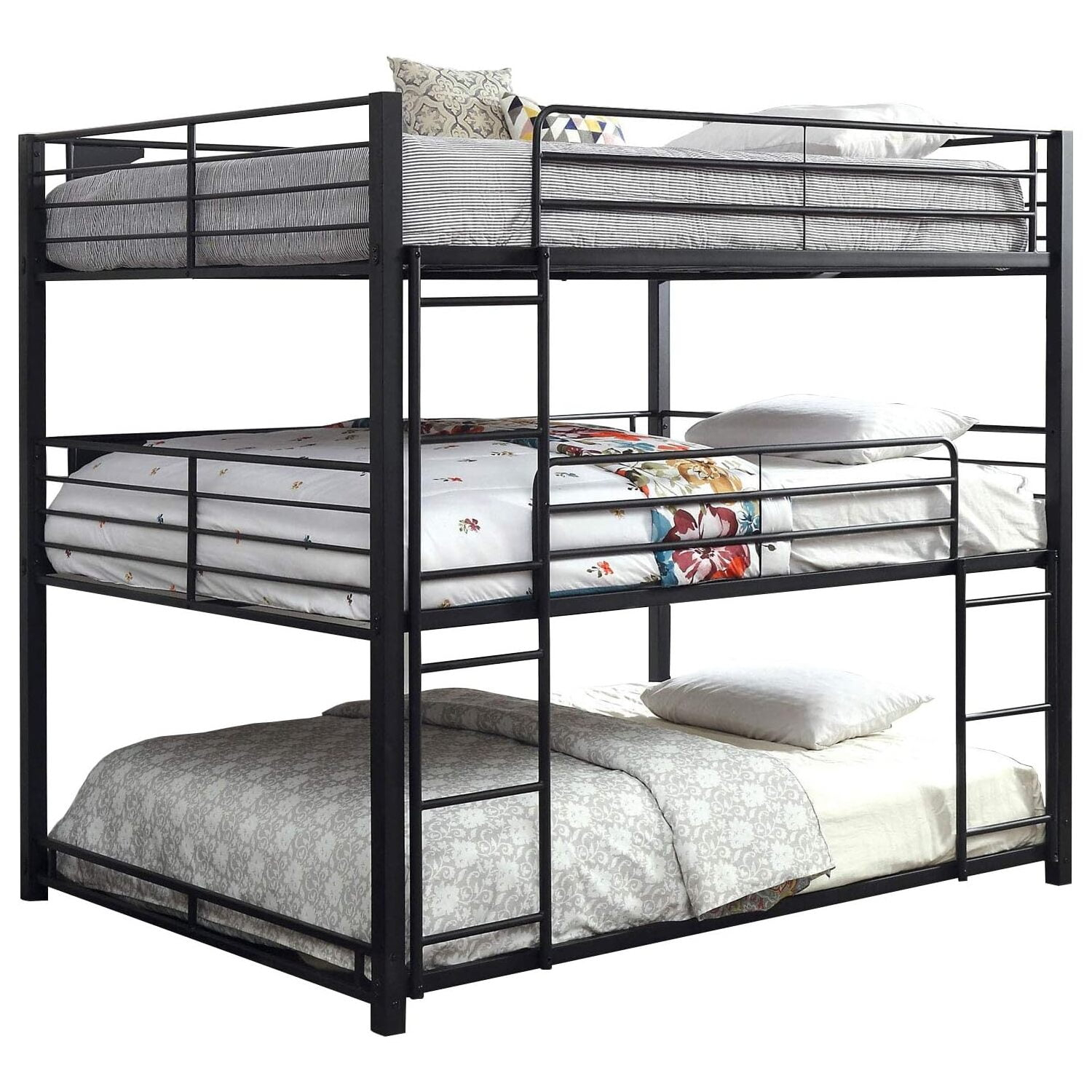 Benjara Industrial Style Queen Triple Decker Bunk Bed with Ladder, Black