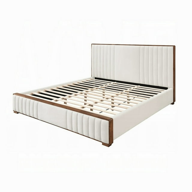 Lesa Queen Bed, Channel Tufted Beige Chenille Upholstery, Walnut Brown