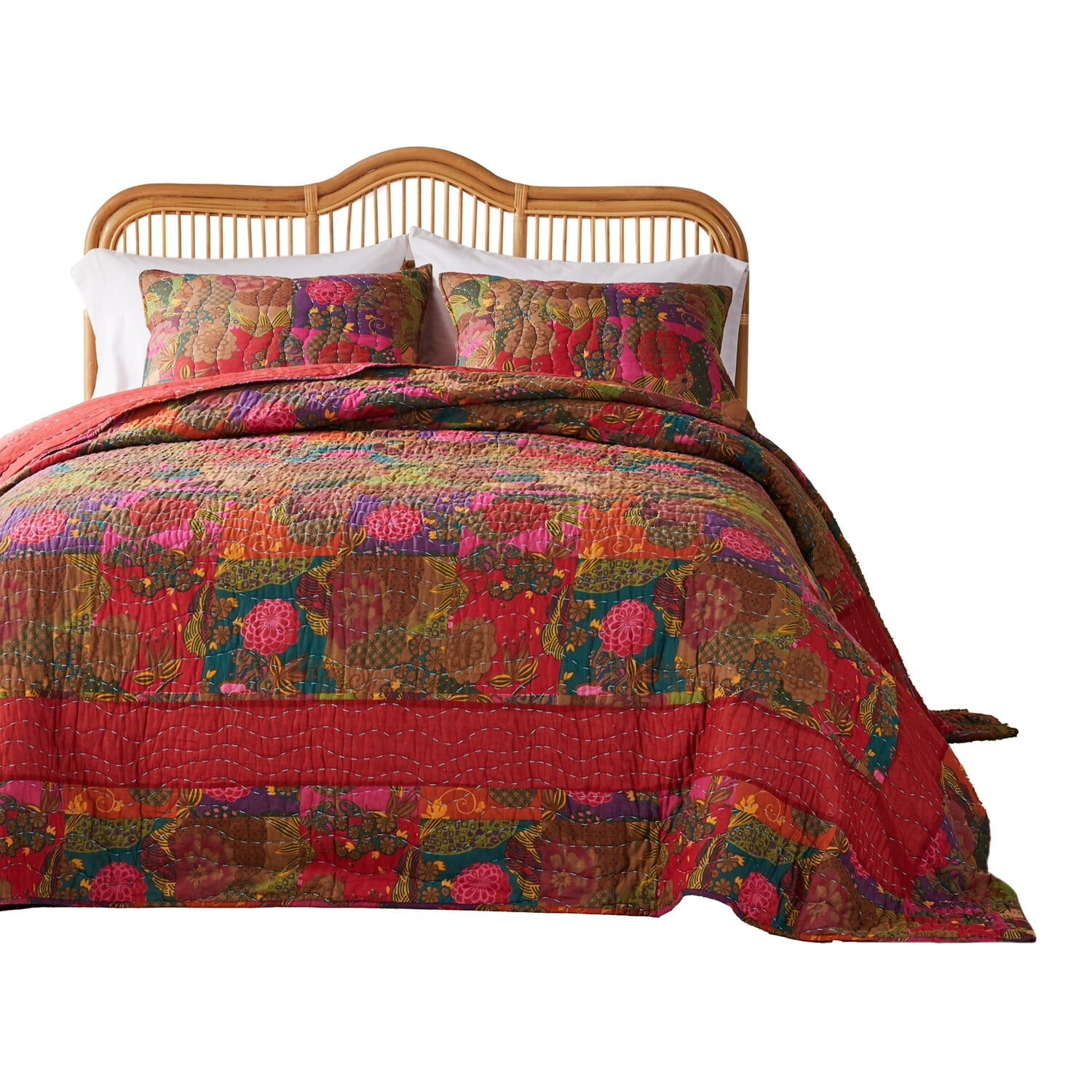 Benjara Lewi 3pc King Quilt Set, Kantha Style Dark Red Floral Cotton Microfiber