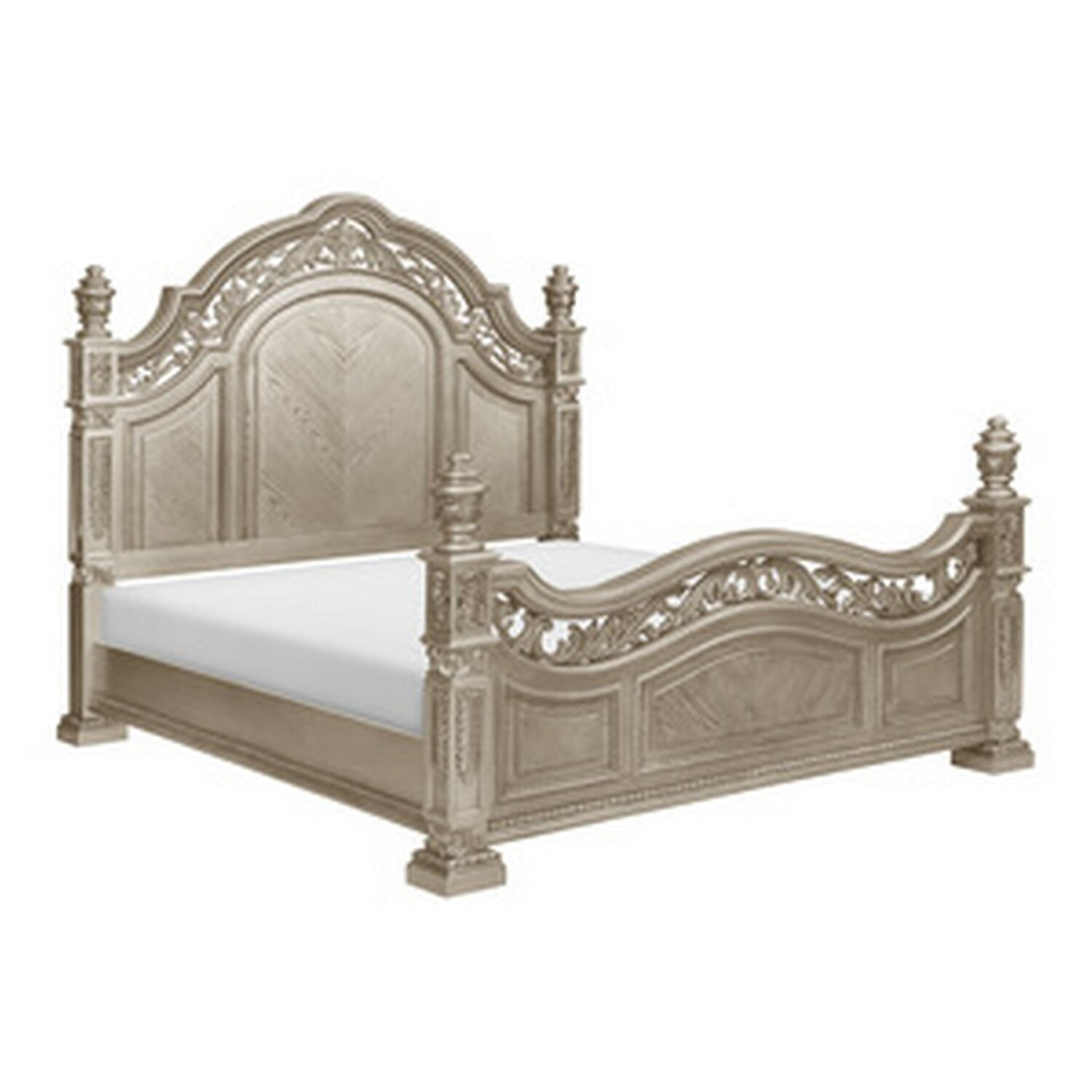 Benjara Lumi Queen Bed, Classical Metal Scrollwork, Glossy Platinum and Gold Tones