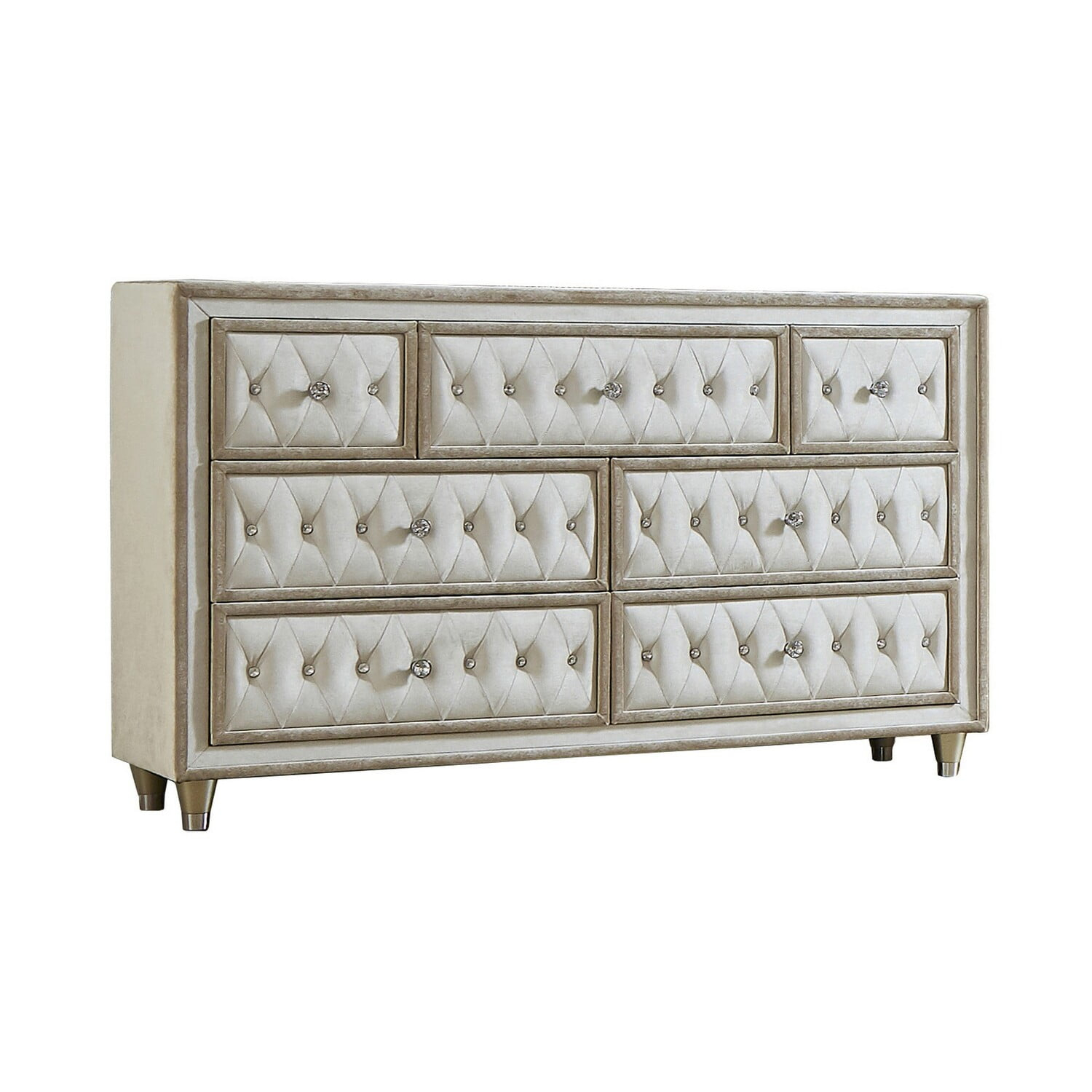 Benjara Matt 61 Inch Side Dresser, 7 Drawers, Velvet Tufted, Ivory, Light Brown