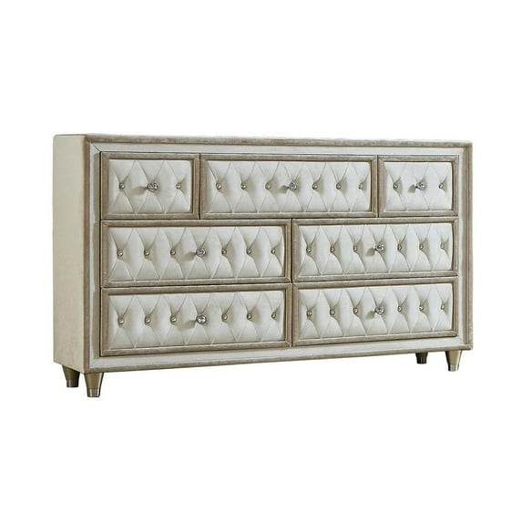 Benjara Matt 61 Inch Side Dresser, 7 Drawers, Velvet Tufted, Ivory, Light Brown