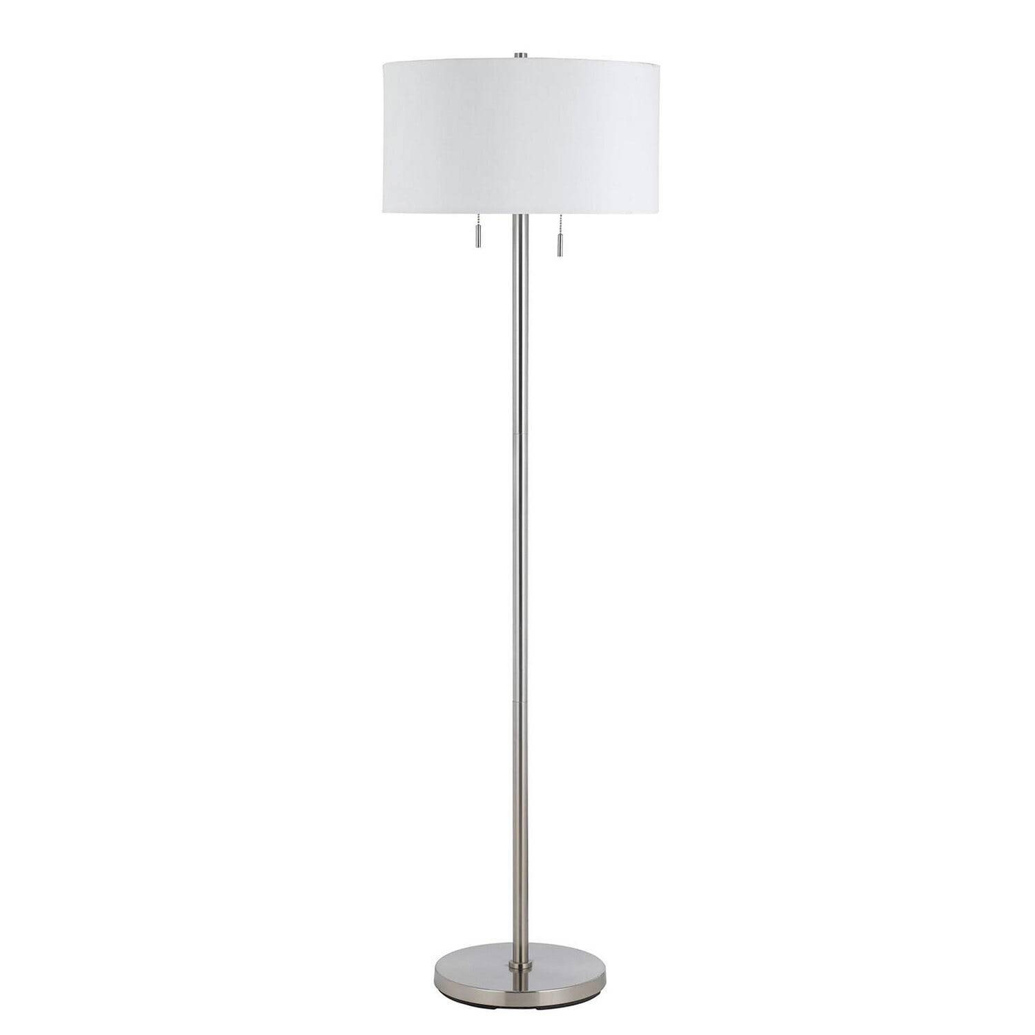 Benjara Metal Body Floor Lamp with Fabric Drum Shade and Pull Chain Switch, Silver