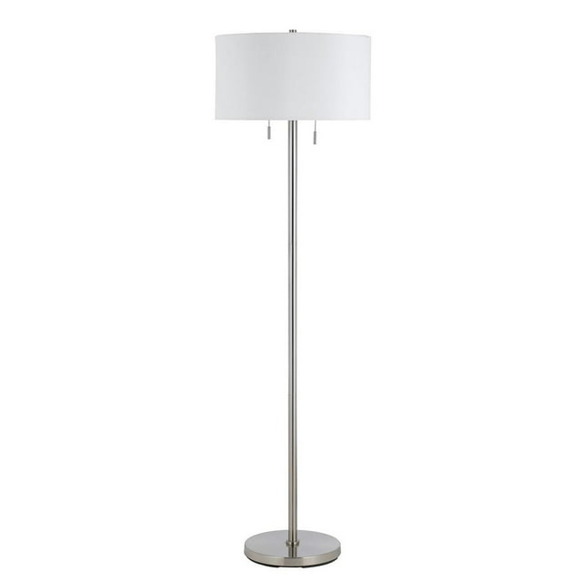 Benjara Metal Body Floor Lamp with Fabric Drum Shade and Pull Chain Switch, Silver