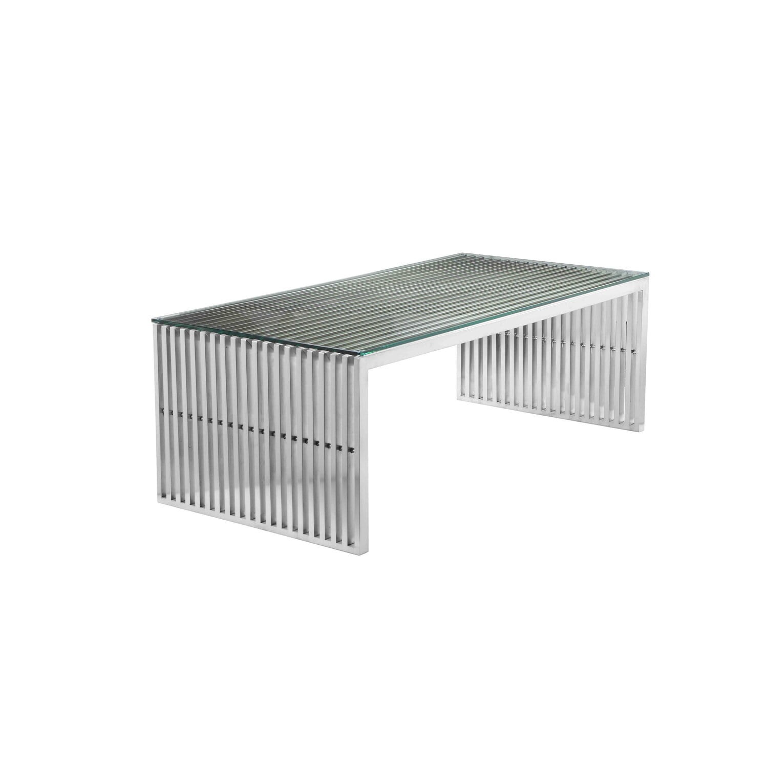 Benjara Meza 47 Inch Coffee Table, Glass Top, Waterfall Slatted Panel Frame, Silver