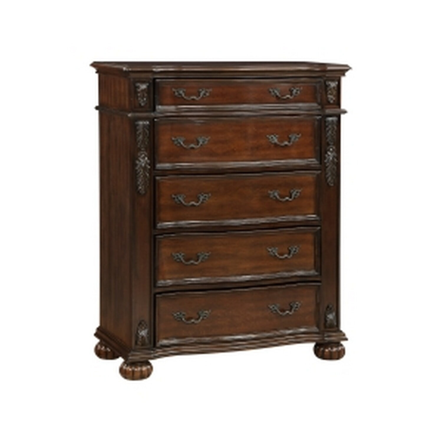 Benjara Nami 50 Inch Tall Dresser Chest, 5 Drawers, Carved Cherry Brown Solid Wood